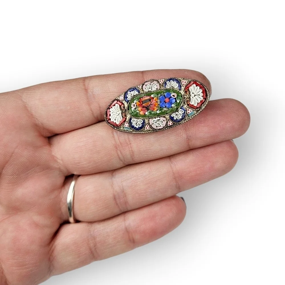 Vintage Mosaic Flower Brooch RM Italy Multicolor Colorful Italian Oval 1.5